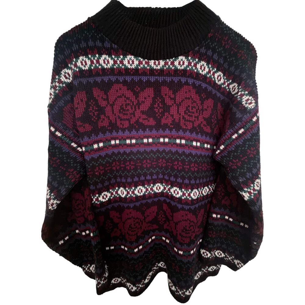 Croquet Club Women's L Black Burgundy Rose Fair Isle Sweater 90's